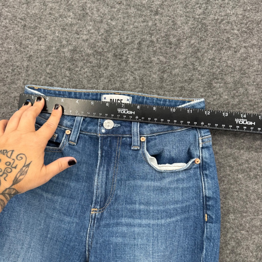Paige Hoxton slim High Rise Straight Leg Jeans Medium Wash Raw Hem Size 24 - Picture 11 of 12